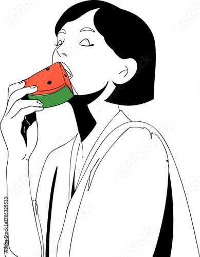 A girl is eating watermelon. Vector illustration.