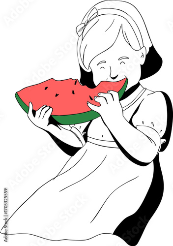 A little girl is eating watermelon. Vector illustration.