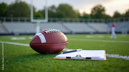 Football and clipboard rest on turf during quiet pre-game moment.  
