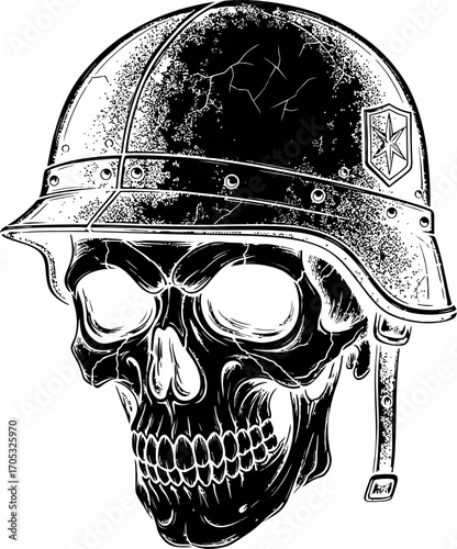 Grayscale skull is wearing a worn military helmet in a detailed illustration, conveying a somber and edgy atmosphere, suitable for edgy designs and artwork.