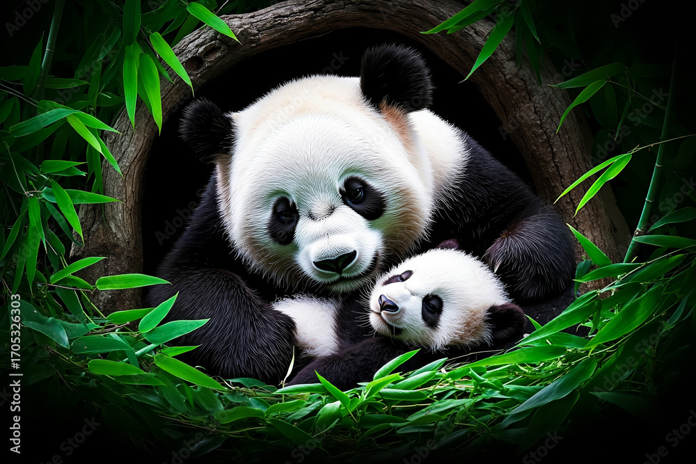 Naklejka premium A mother panda and her baby panda bear in a bamboo forest
