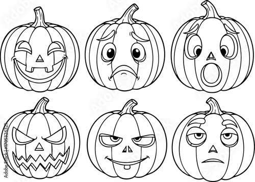 Six black and white cartoon pumpkins displaying different emotional expressions, creating a playful and festive atmosphere, ideal for holiday-themed coloring books or educational materials.