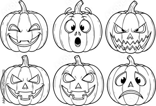 Six pumpkins display various cartoon faces rendered in black and white line art, each expressing a different emotion ideal for Halloween themed design projects.