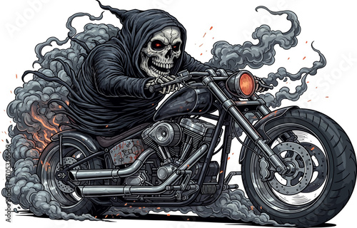 Cartoon skeleton in black robe is riding a motorcycle enveloped in dark smoke and fire with a white background, making a dramatic and spooky image for Halloween or fantasy themes.