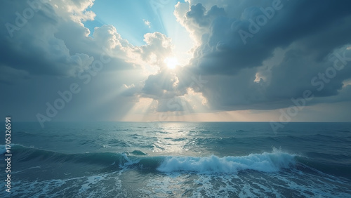 Sunbeams pierce clouds over tranquil ocean, waves shimmer toward shore.  
