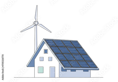 Sustainable home with solar panels and wind turbine for clean energy solutions and eco friendly living