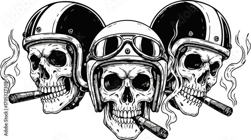 Grayscale skulls wearing different motorcycle helmets smoking cigars create a spooky and edgy vibe, set against a white backdrop, suitable for biker culture or Halloween-themed designs.