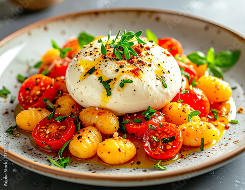 Gnocchi, Tomaten und Burrata auf einem Keramikteller