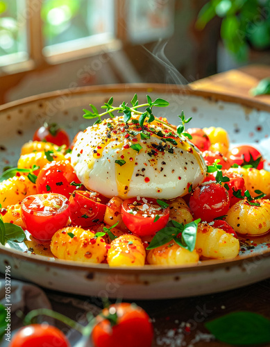 Ein Teller mit Gnocchi, Tomaten und Burrata