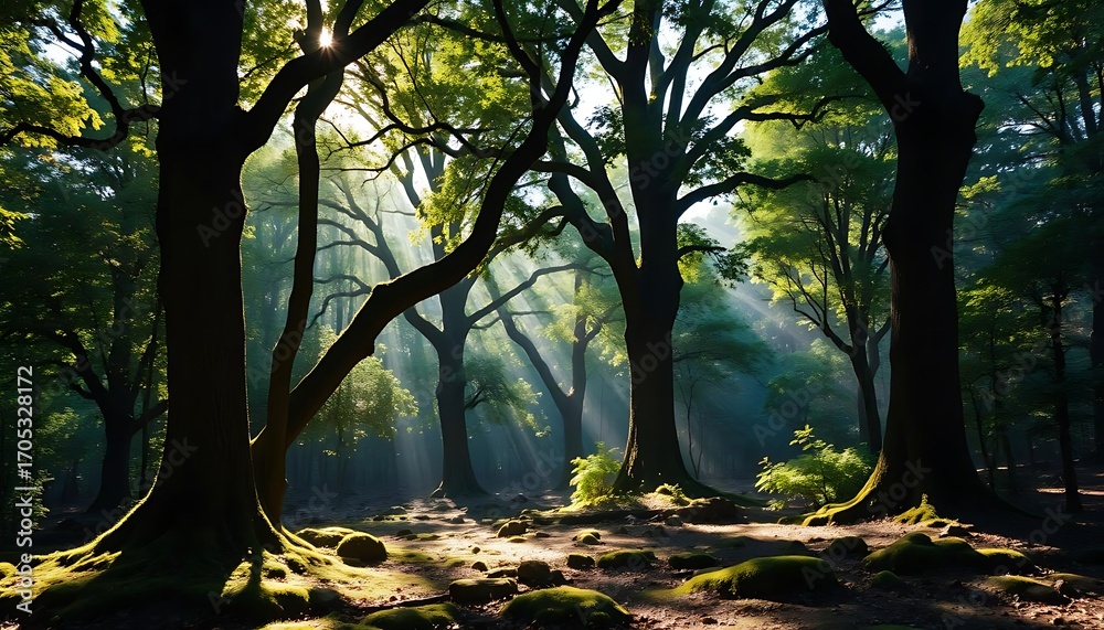 Fototapeta premium Lush Green Forest with Tall Trees – Sunlight Streaming Through Leaves, Peaceful Nature Background