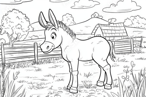 Cute cartoon donkey on farm background coloring page for kids, simple clean thick lines, black and white, no shading