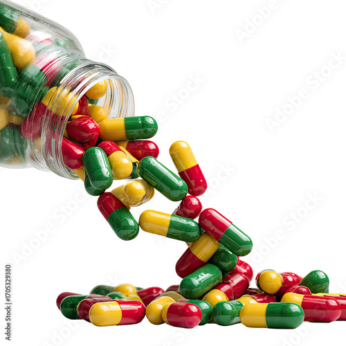 Pills spilling from bottle isolated on transparent background cutout