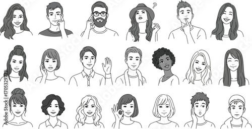 Diverse group of people with various expressions and hairstyles in a simple line art style.