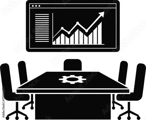 Modern boardroom with a graph showing upward growth on a screen and a gear symbol on the table.