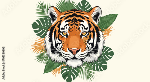 A majestic tiger portrait surrounded by lush tropical jungle foliage and plants.
