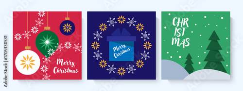 Merry Christmas festive colorful cards set. Square cards with fir trees, snowflakes, stars and gifts