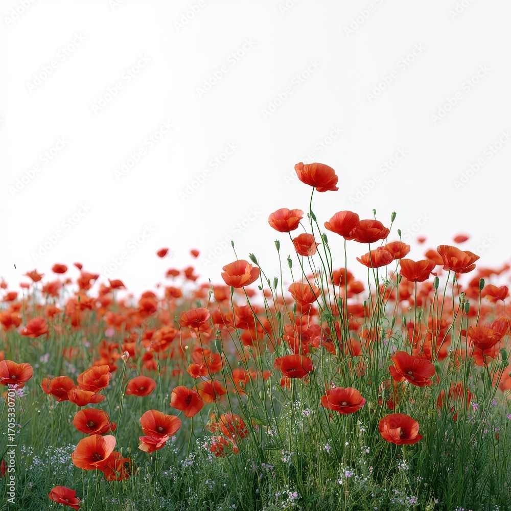 Fototapeta premium A field of poppies waving in the wind isoleted on white background .