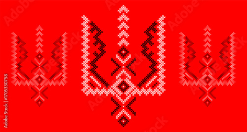Ukrainian Tryzub Trident with Traditional Cross-Stitch Embroidery Pattern in Red and Black Colors – National Emblem Vector Symbol, Patriotic Folk Design for Posters, Prints, Clothing