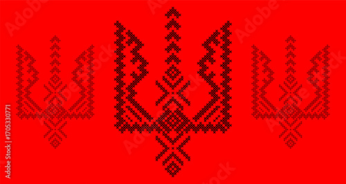Ukrainian Tryzub Trident with Traditional Cross-Stitch Embroidery Pattern in Red and Black Colors – National Emblem Vector Symbol, Patriotic Folk Design for Posters, Prints, Clothing
