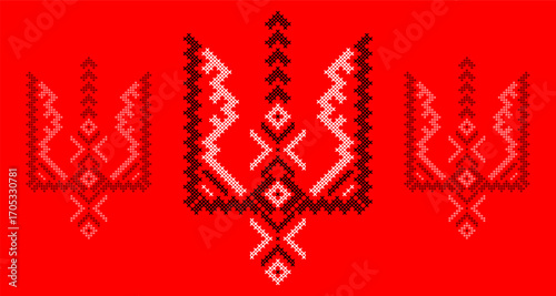 Ukrainian Tryzub Trident with Traditional Cross-Stitch Embroidery Pattern in Red and Black Colors – National Emblem Vector Symbol, Patriotic Folk Design for Posters, Prints, Clothing