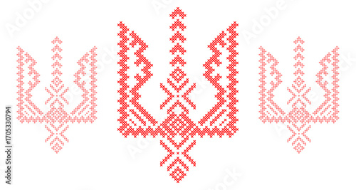 Ukrainian Tryzub Trident with Traditional Cross-Stitch Embroidery Pattern in Red and Black Colors – National Emblem Vector Symbol, Patriotic Folk Design for Posters, Prints, Clothing