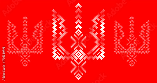 Ukrainian Tryzub Trident with Traditional Cross-Stitch Embroidery Pattern in Red and Black Colors – National Emblem Vector Symbol, Patriotic Folk Design for Posters, Prints, Clothing