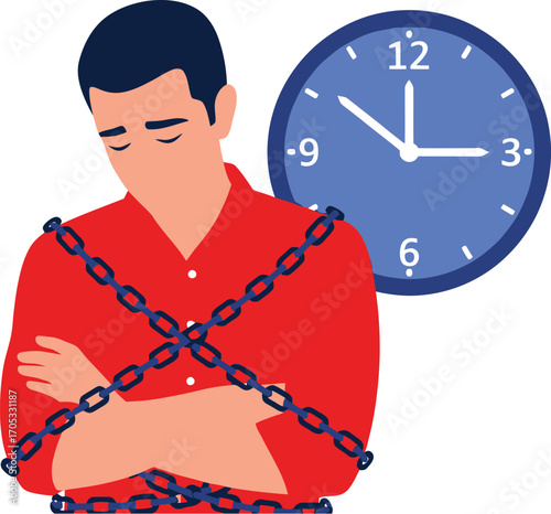Man stressed by time pressure, bound by chains, anxious about deadlines.