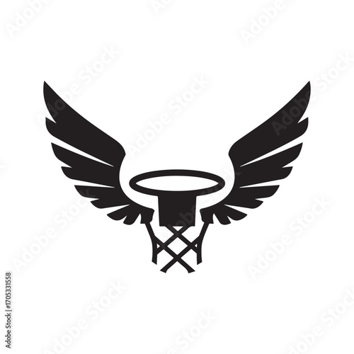 divine basketball hoop with wings and halo vector illustration, angelic sports logo, flying basketball ring icon, heavenly game design vector art, spiritual slam dunk emblem.