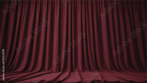 Deep Red Velvet Stage Curtain with Dramatic Folds and Soft Lighting Keywords: stage, curtain, theater, red, velvet, drapes, fabric, backdrop, performance, drama, elegant