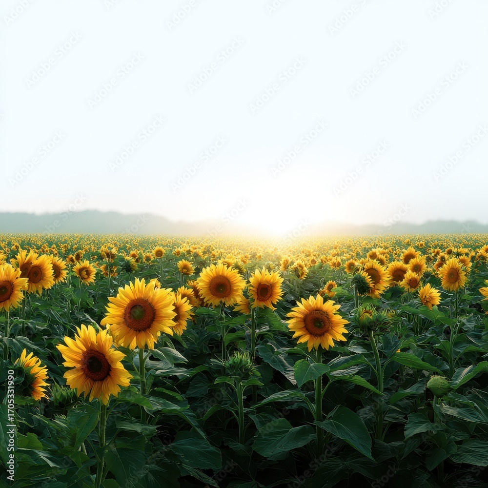 Fototapeta premium A field of sunflowers facing the setting sun isoleted on white background .