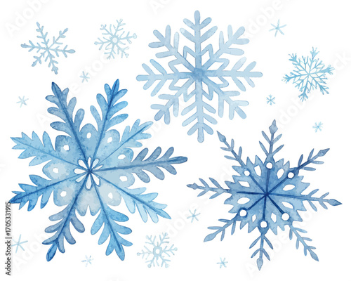 Watercolor snowflakes in blue tones vector illustration isolated on white background