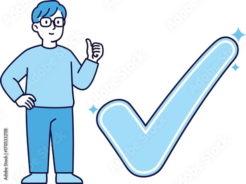 Man gives a thumbs up next to a large, glowing checkmark, indicating approval and success.