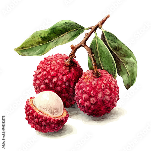 Lychee, watercolor illustration vector, isolated on a white background.