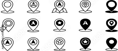 Vector icon set for navigation and travel. Modern, clean design with a mix of outline and solid styles.
