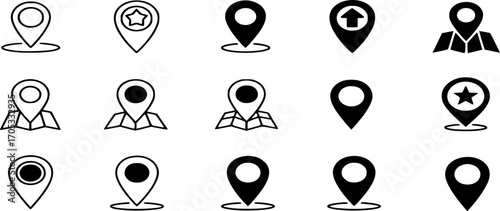 Vector icon set for navigation and travel. Modern, clean design with a mix of outline and solid styles.