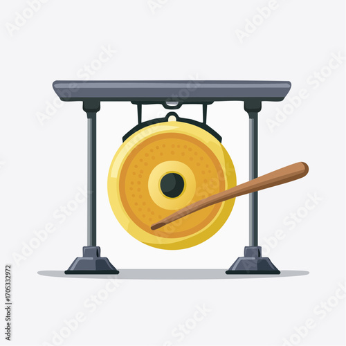 Ornate Golden Gong on Stand with Wooden Mallet.
