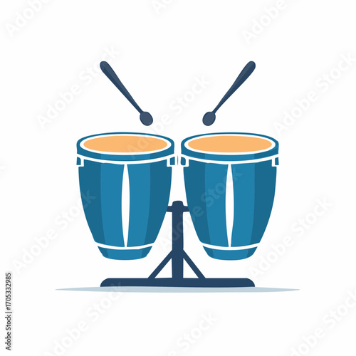Pair of Blue Congas on Stand with Drumsticks.