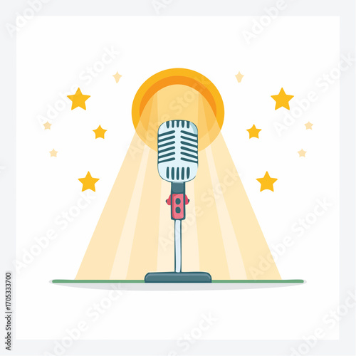 Retro Microphone Under Spotlight with Stars.