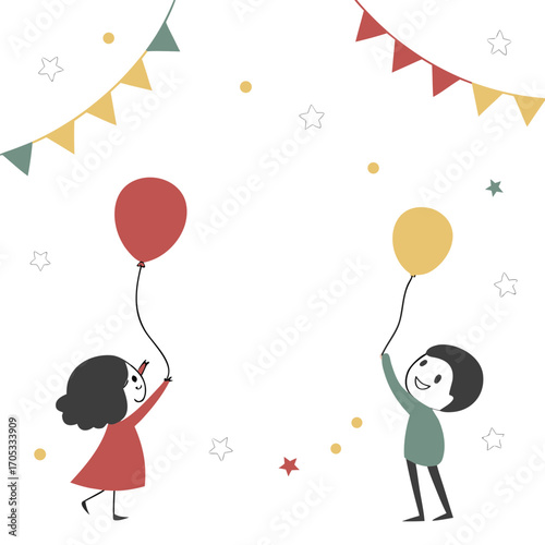 Two happy children holding balloons with party decorations isolated on white background