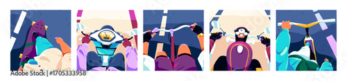 People driving transport first person view set. Characters are riding motorcycle, bicycle, skateboard, moped and kick scooter. Rider and drivers move on bike and motorbike. Flat vector illustrations