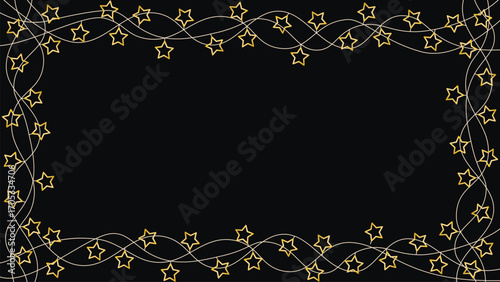 Dark background with frame of starry glowing garlands. Blank template with glowing holiday decoration illumination. Vector graphic, banner for New Year