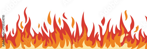 Stylized cartoon fire flame border representing heat and danger as a seamless, burning banner on a white background