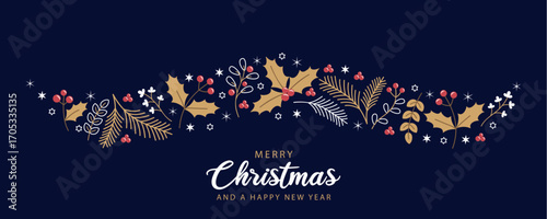 christmas greeting card with floral holly berry wave decoration vector illustration