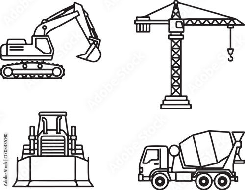Outline Illustrations of Construction Vehicles and Heavy Machinery