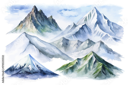 Watercolor snow covered mountains vector illustration 
