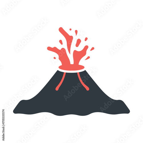stylized volcano icon with magma explosion and lava streams in minimalist black and red design.