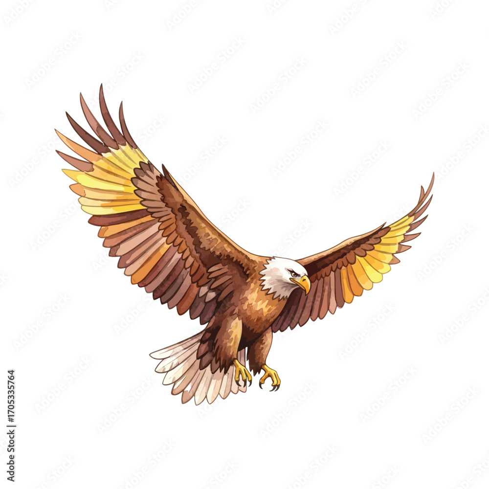 Fototapeta premium Brown eagle with outstretched wings, white head and yellow talons, vector illustration Isolated on transparent background, png