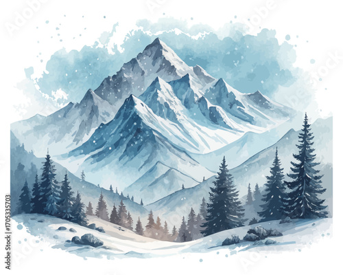 Watercolor snow covered mountains vector illustration 
