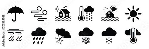 Vector icon collection for weather and climate concepts, showing symbols for flood, wind, temperature, and precipitation