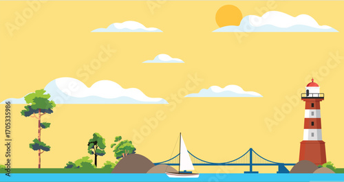illustration of a sea shore with a lighthouse, trees, and a bridge, creating a serene coastal landscape with natural beauty and a peaceful atmosphere in a minimalist style